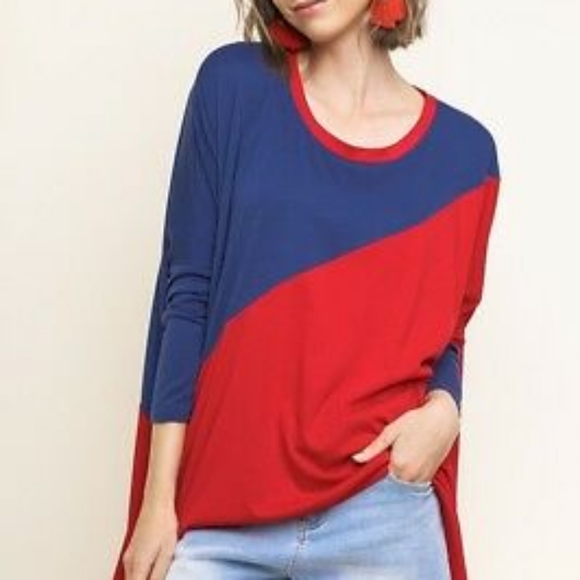 Umgee shirt red navy color block hi low large - Picture 7 of 7